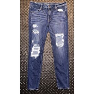 American Eagle Skinny Jeans Womens 12 Regular Distressed Ripped Dark Wash Denim